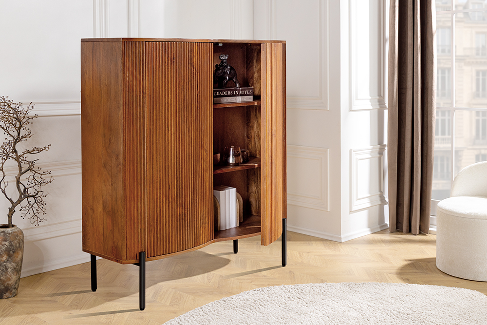 Massives Highboard GRANDEUR 120cm braun Mangoholz schwarz Metall