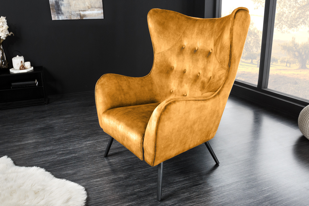Design XL Sessel AMSTERDAM senfgelb Samt schwarze Metallbeine Retro Stil Design XL Sessel AMSTERDAM senfgelb Samt schwarze Metallbeine Retro Stil