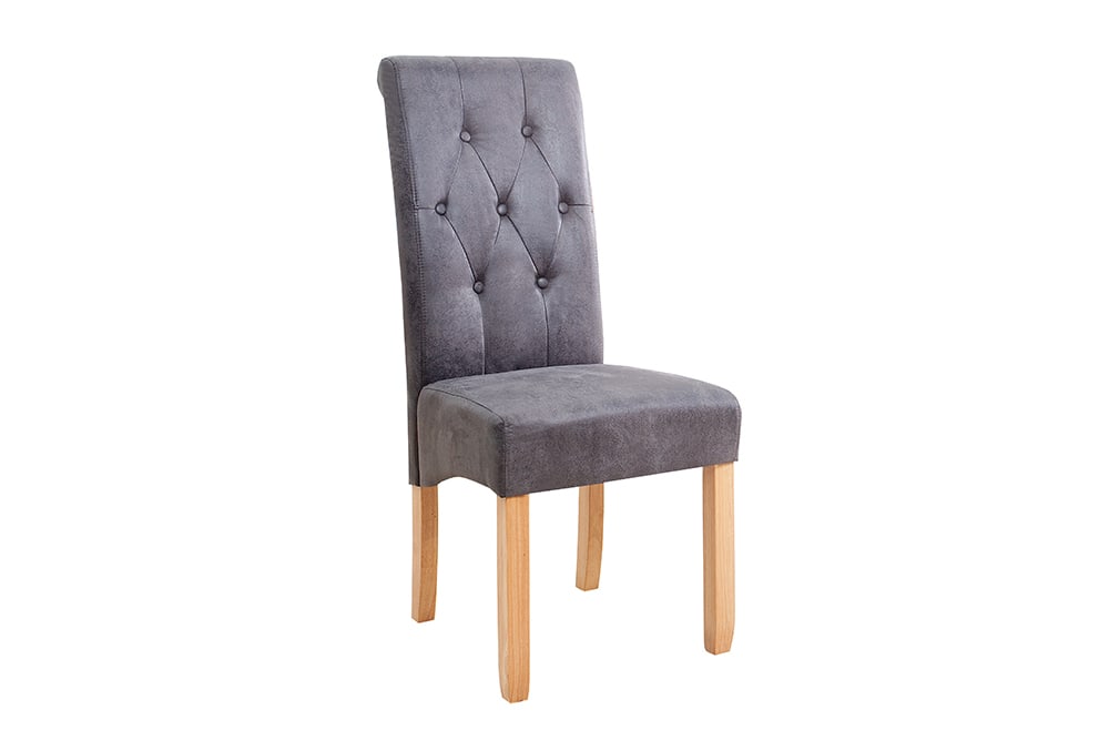 Edler Stuhl CASA vintage grau mit Zierknöpfen Massivholzbeine