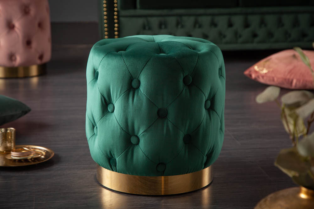 Design Hocker MODERN BAROCK 40cm dunkelgrün gold Samt Chesterfield