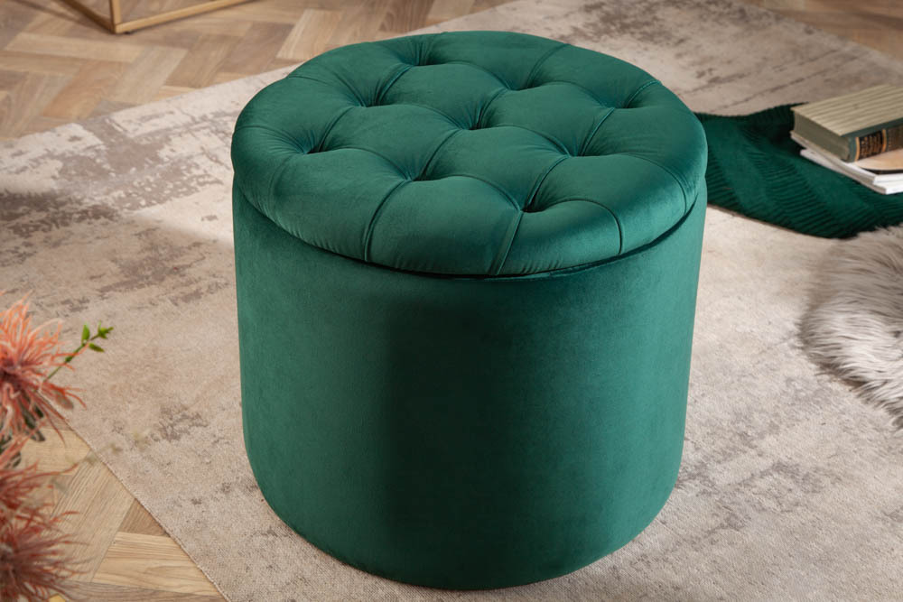 Eleganter Hocker MODERN BAROCK 50cm dunkelgrün Samt Aufbewahrungkorb