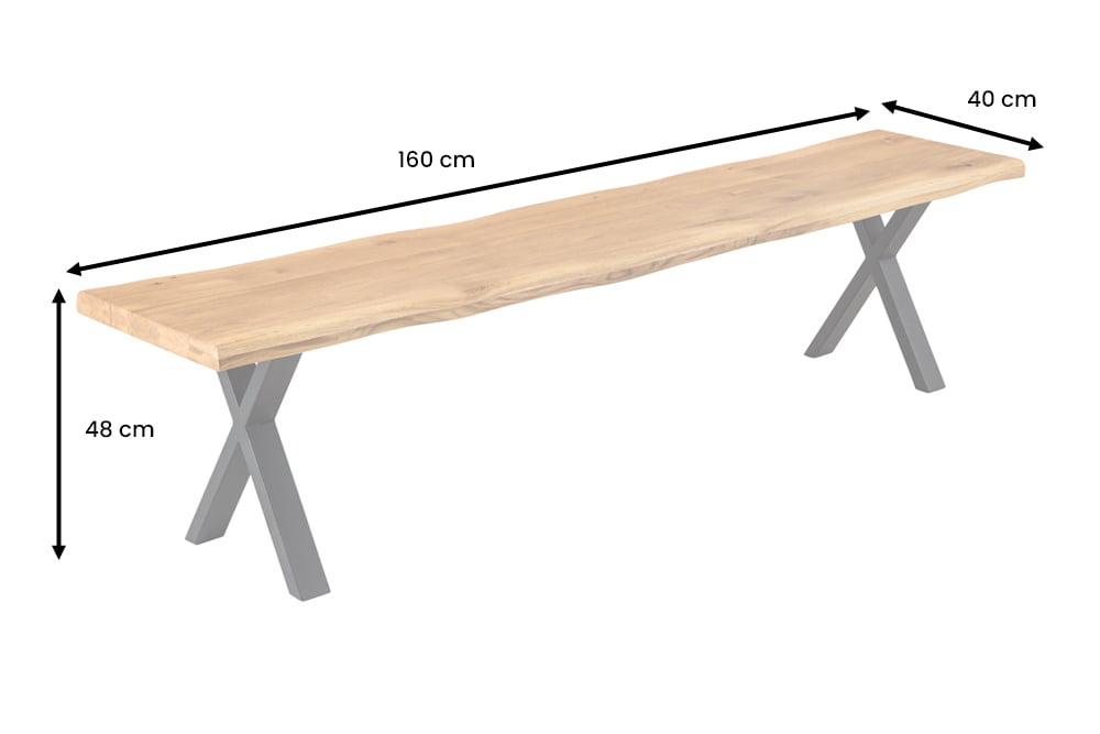 Massivholz Sitzbank WILD OAK 160cm Eiche Baumkante X-Gestell Industrial