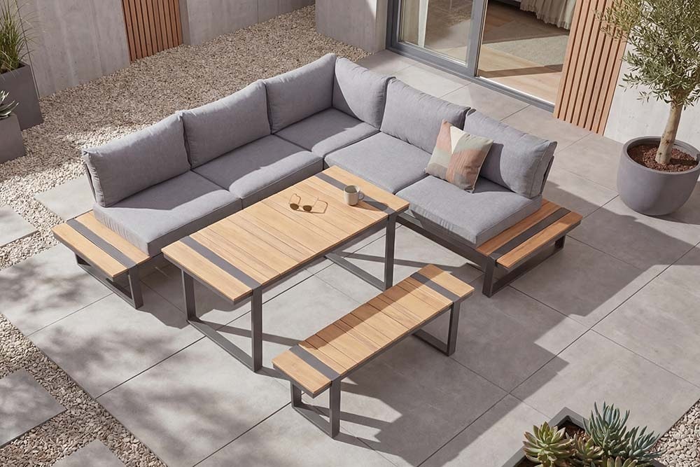 Wetterfestes Gartenmöbel Set TAMPA LOUNGE 250cm grau Aluminium inkl. Sitzbank Tisch Kissen
