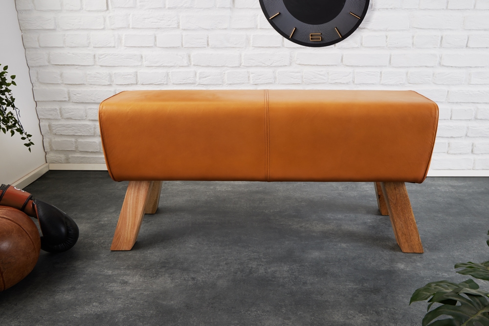 Design Sitzbank TURNBOCK 100cm cognac Echtleder Mangoholz Retro Sitzhocker
