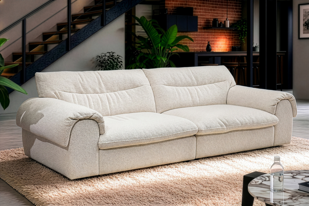 4-Sitzer Sofa SIXTH SENSE 245cm beige Bouclé-Strickstoff mit Nosagfederung und Daunenfedern