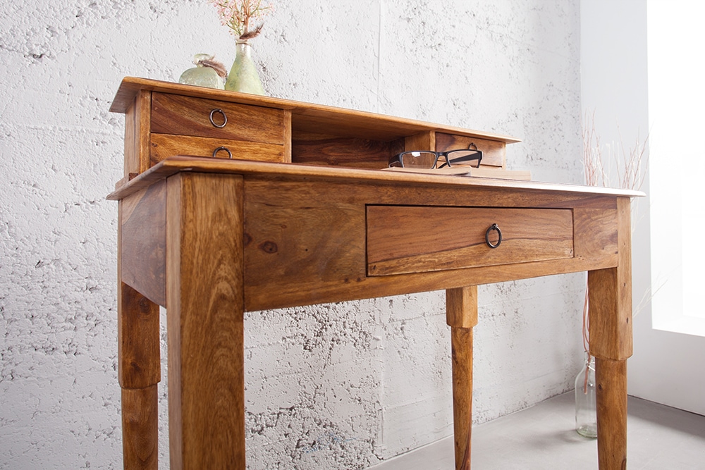 Design Sekretär HEMINGWAY M 90cm braun Sheesham Massivholz stone finish Schreibtisch