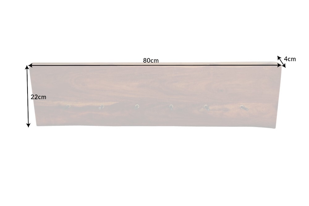 Massivholz Wandgarderobe MAMMUT 80cm braun Sheesham stone finish 6 Kleiderhaken