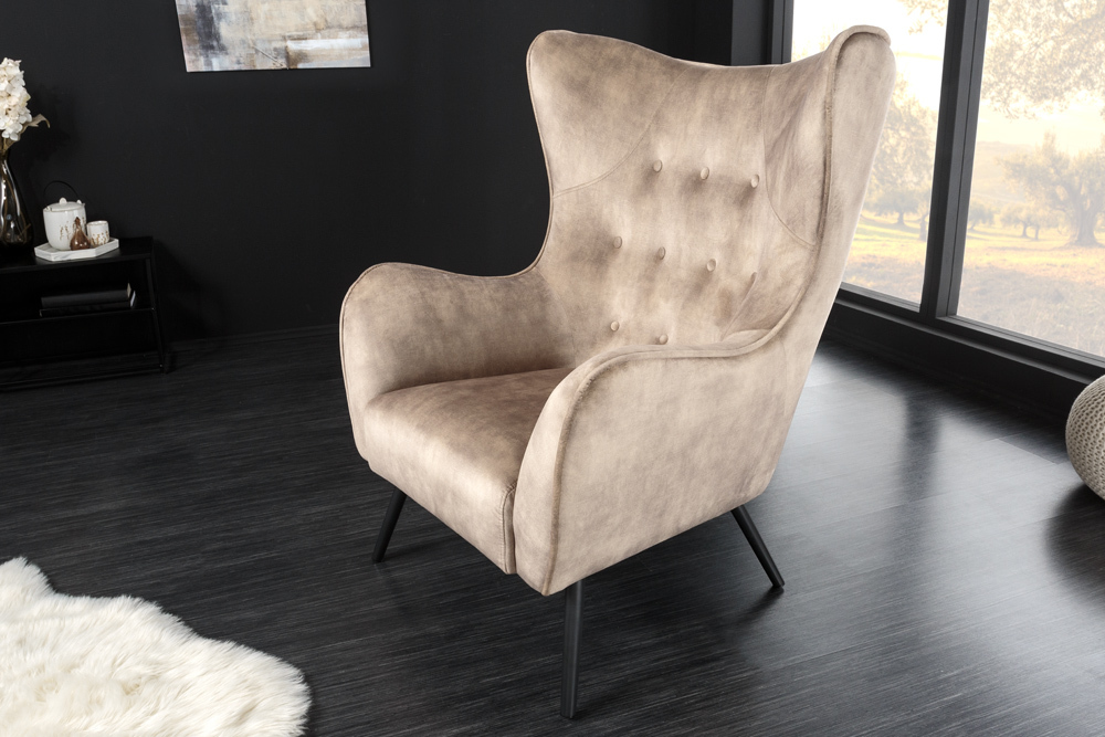 Design XL Sessel AMSTERDAM champagner Samt schwarze Metallbeine Retro Stil Design XL Sessel AMSTERDAM champagner Samt schwarze Metallbeine Retro Stil