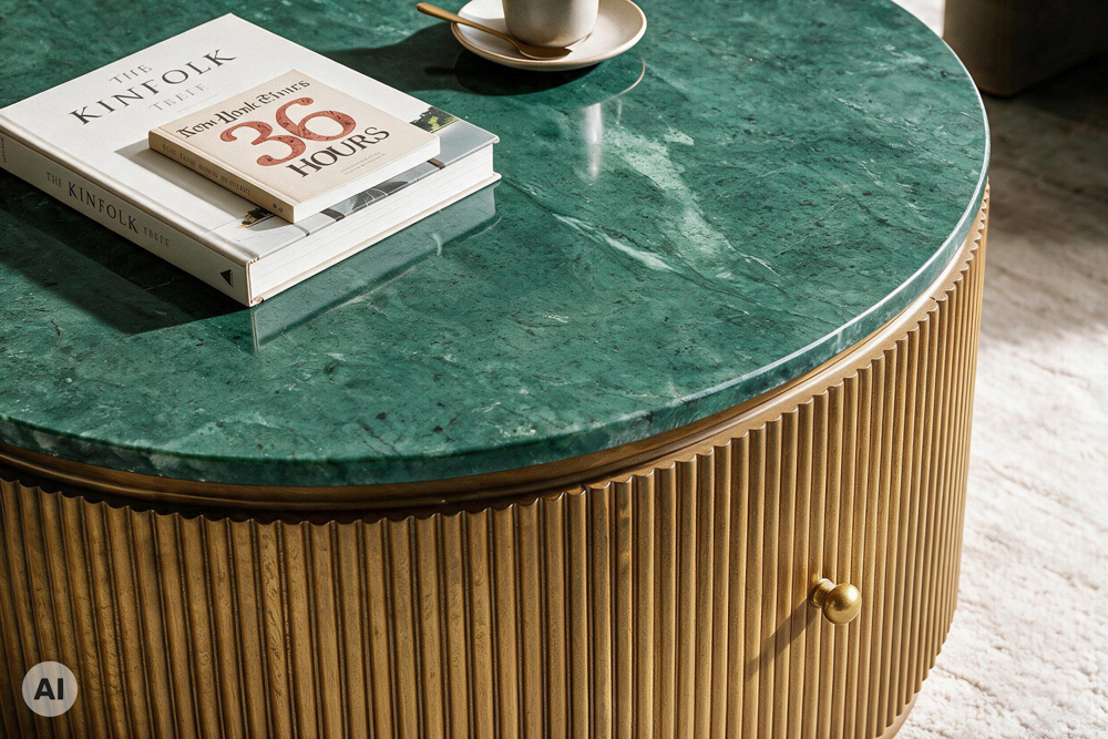 Runder Couchtisch COFFEE TABLE VENEZIANO 70cm messing grün Mangoholz Marmor Schublade