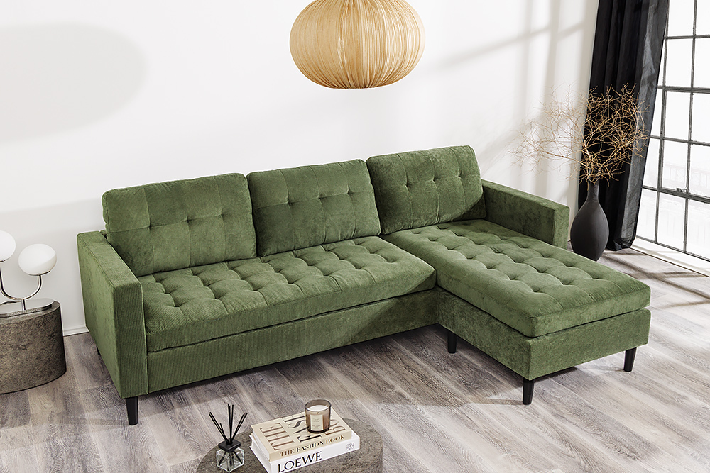 Retro Ecksofa STOCKHOLM 220cm grün Cordstoff Federkern 3-Sitzer