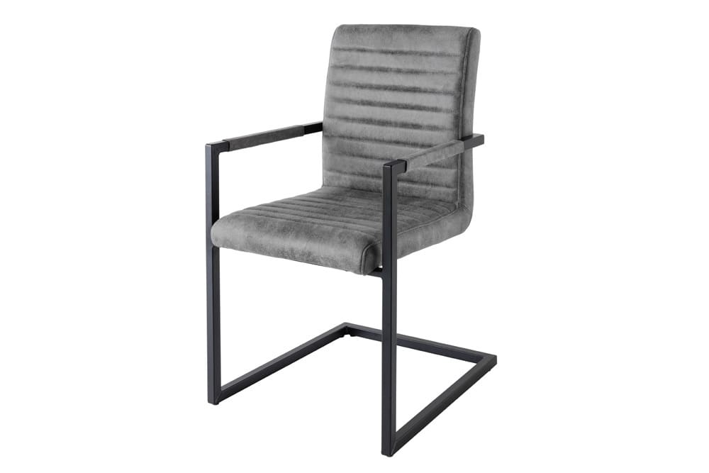 Industrial Freischwinger Stuhl LOFT vintage grau Microfaser mit Armlehne Eisengestell