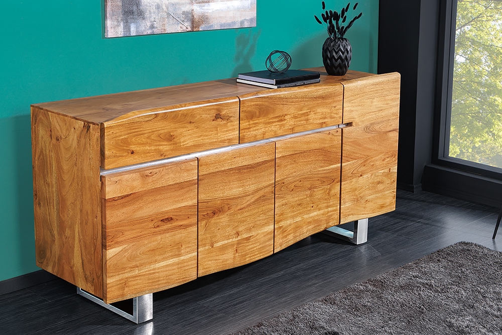 Massivholz Sideboard MAMMUT 170cm Akazie Baumkante mit Schubladen Kufengestell Edelstahl