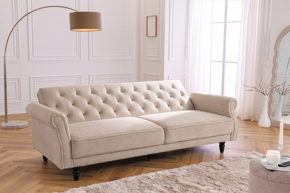 Schlafsofa MAISON BELLE AFFAIRE 220cm champagner beige Vogue Seiden Samtstoff 3-Sitzer