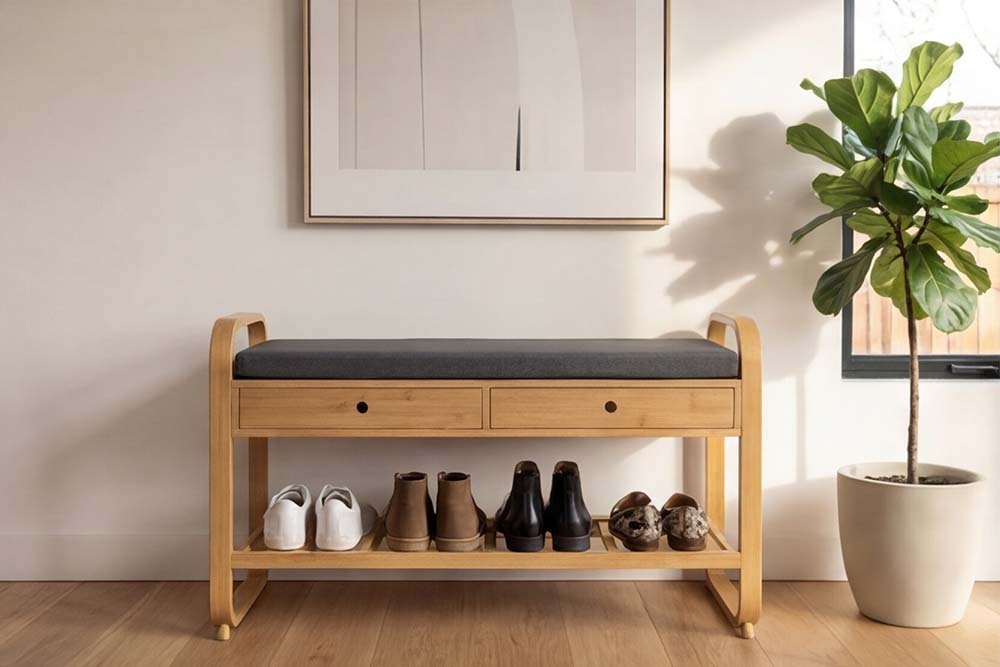 Stilvolle Schuhbank ZEN-BO 100cm natur grau Bambus Regal Sitzbank mit Schubladen