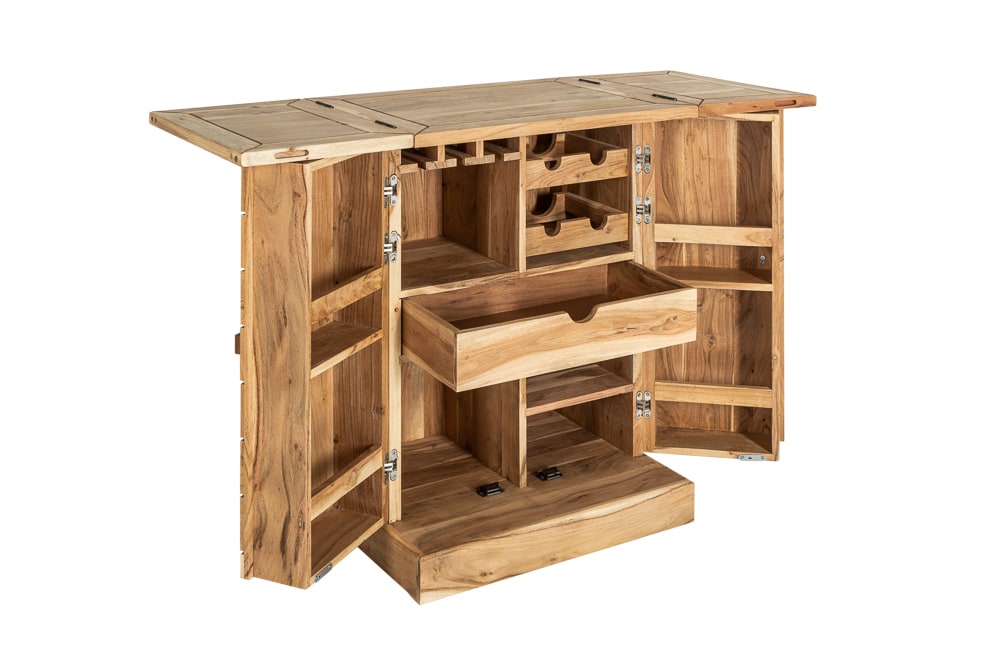 Handgearbeiteter Barschrank MOSAICO 130cm Akazie Massivholz 3D Effekt