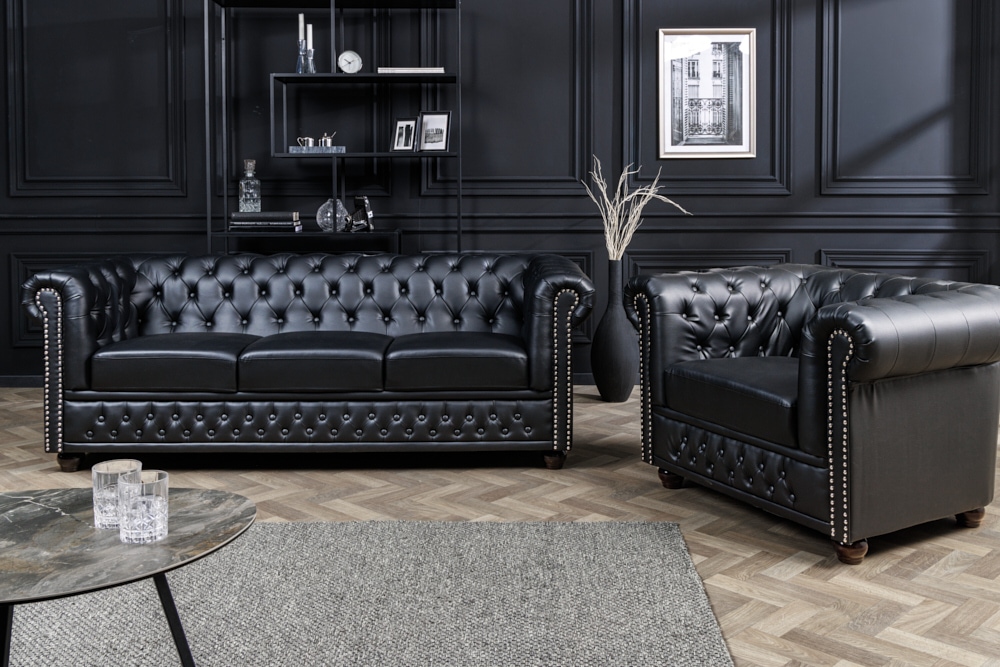 Design Sessel CHESTERFIELD 110cm matt schwarz Knopfheftung Federkern