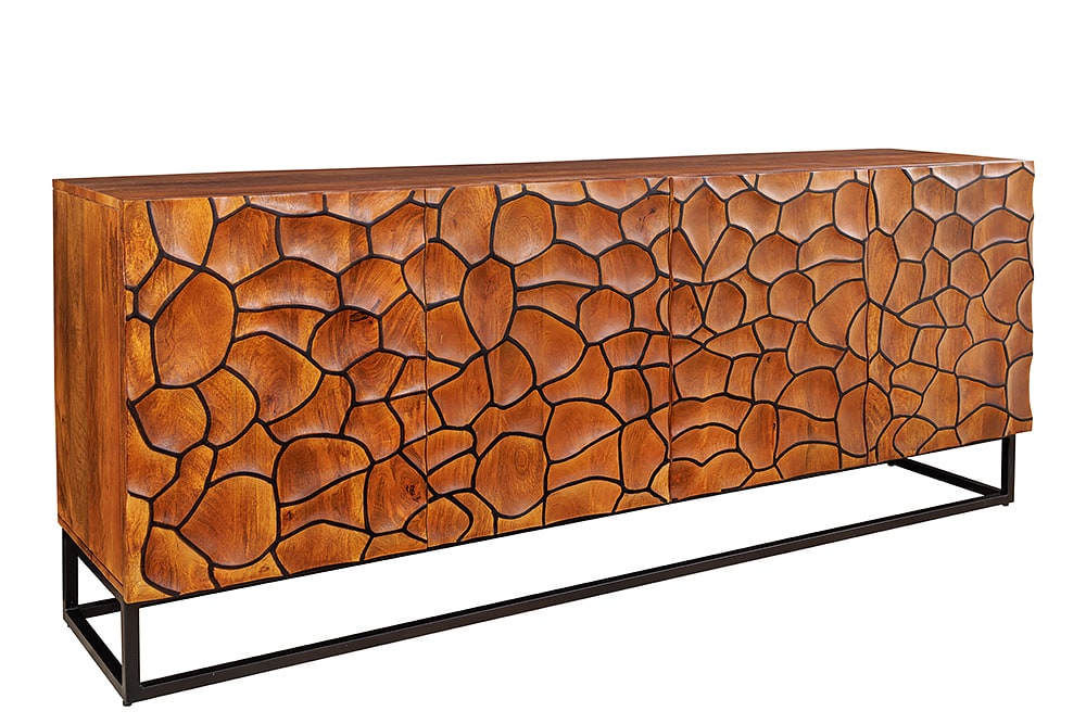 Massivholz Sideboard VULCANO 180cm braun Mangoholz mit 3D Schnitzereien handmade Metallgestell schwarz