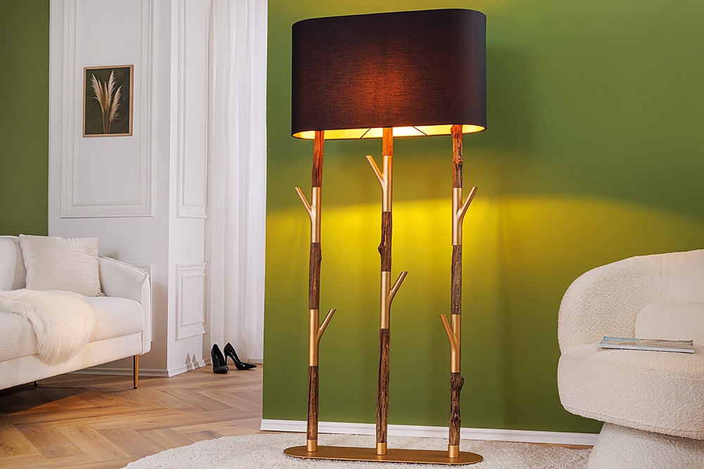Handgefertigte Stehlampe WARDROBE 155cm schwarz gold natur Eisenholz Massivholz