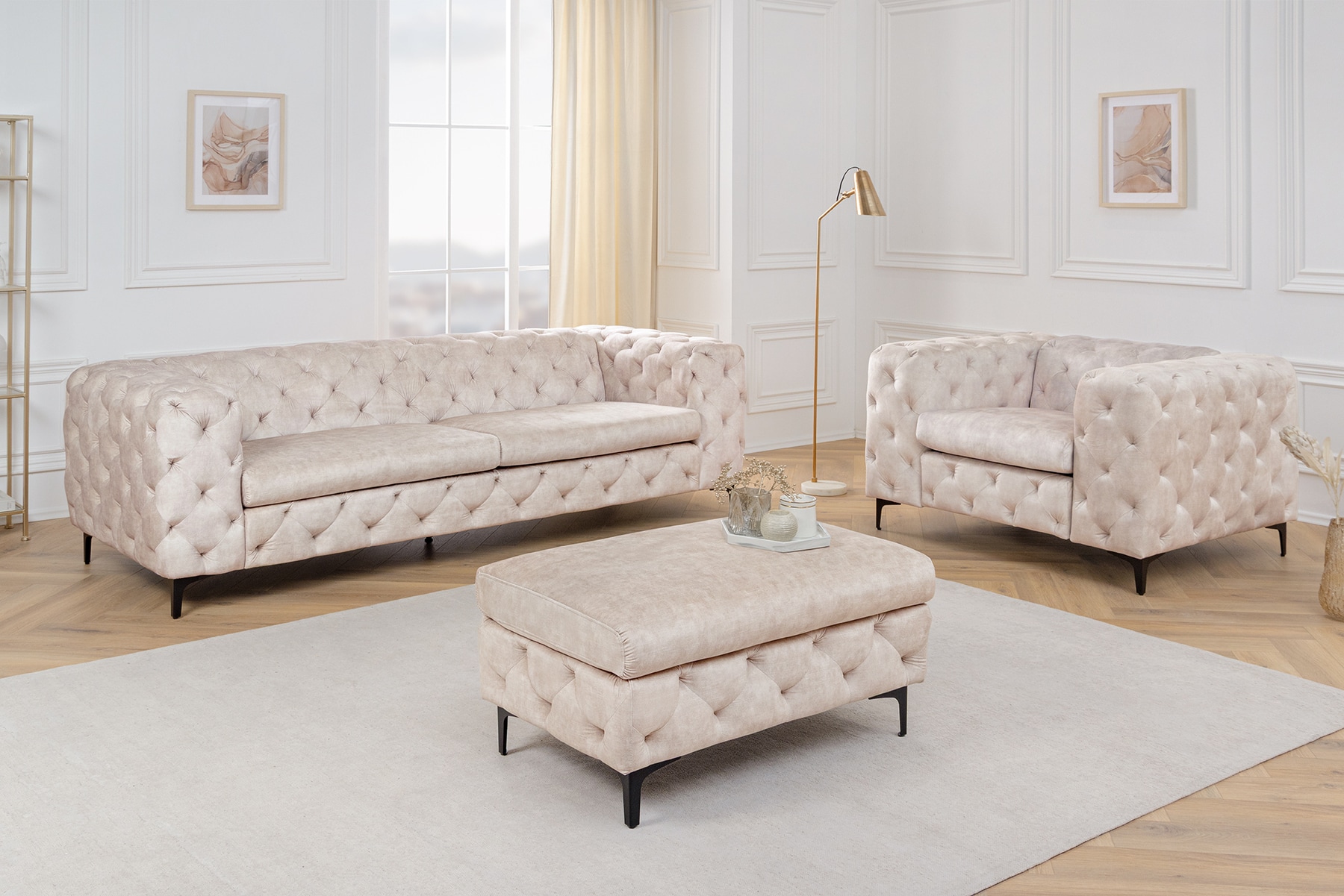 Chesterfield 3-Sitzer Sofa MODERN BAROCK 235cm champagner beige Samt Federkern