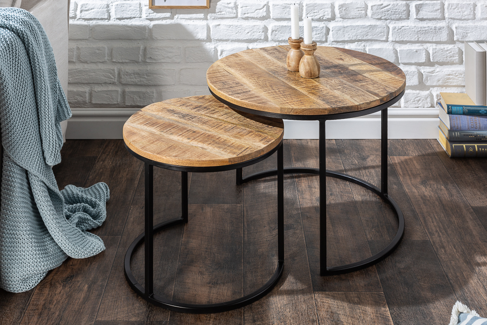 Industrial 2er Set Beistelltische ELEMENTS 60cm Mangoholz massiv rund schwarzes Metallgestell