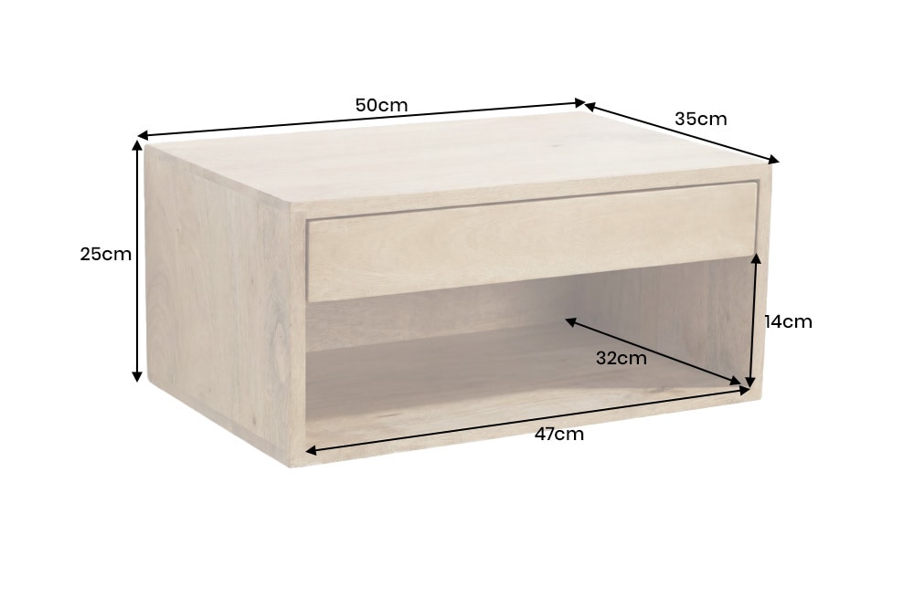 Hängender Nachttisch PURE 50cm natur Mangoholz cream finish Wandregal Schublade