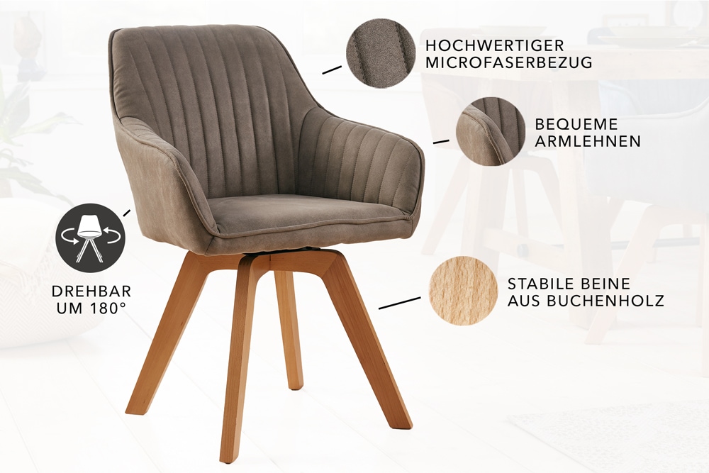 Drehbarer Design Stuhl LIVORNO vintage taupe Buchenholz Beine mit Armlehnen