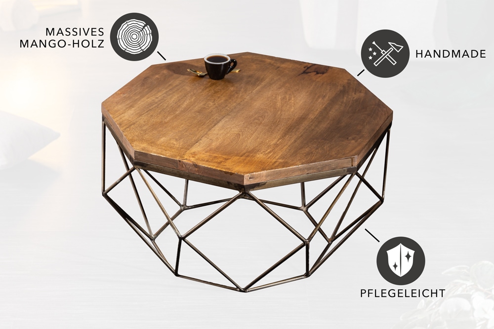 Design Couchtisch DIAMOND 70cm natur Mangoholz massiv messing Eisengestell