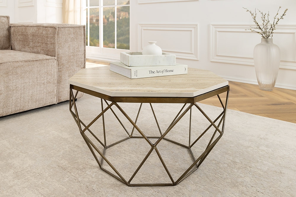 Handgefertigter Couchtisch DIAMOND 70cm beige Travertin messing Eisen