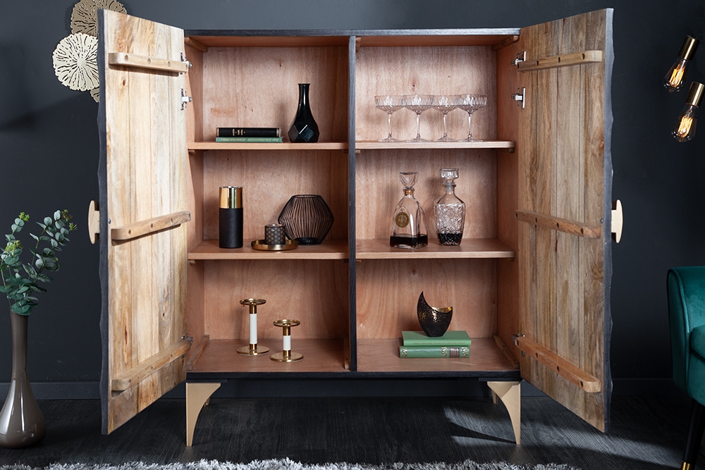 Handgearbeitetes Highboard GOLDEN SUNSET 120cm mit 3D Schnitzereien schwarz gold Mangoholz