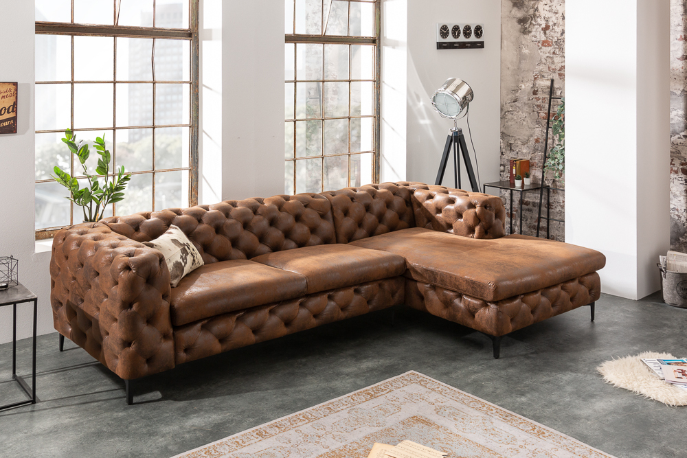 Chesterfield Ecksofa MODERN BAROCK 275cm antik braun Microfaser 3-Sitzer Federkern