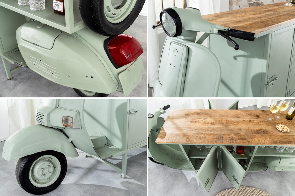 Extravaganter Barschrank SCOOTER 250cm salbei Retro-Konsole Motorroller mit Mangoholz Upcycling