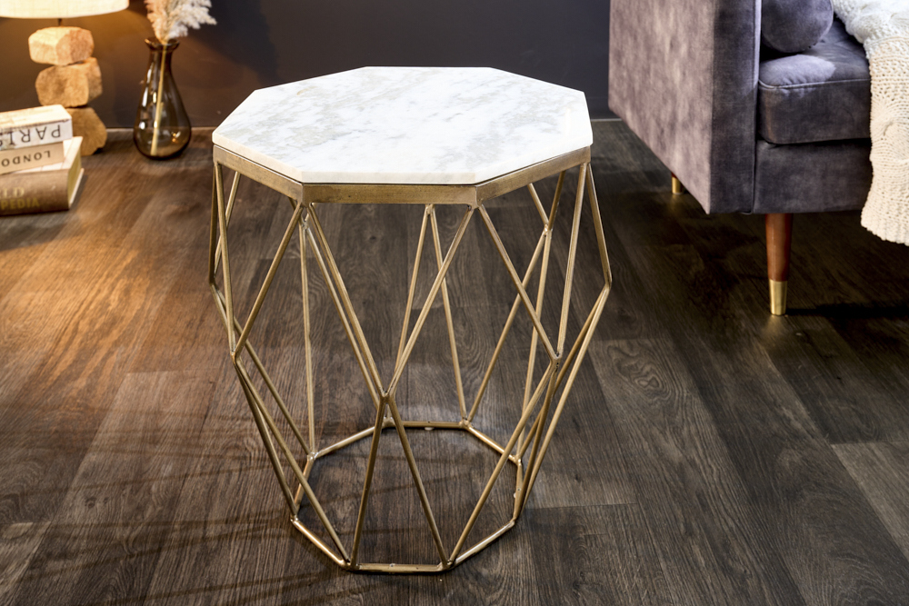 Design Beistelltisch DIAMOND 50cm weiß Marmor messing Metall