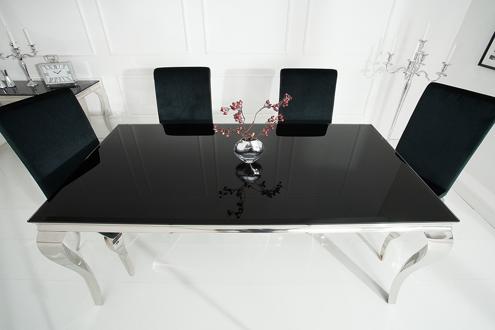 Eleganter Design Esstisch MODERN BAROCK 180cm schwarz Edelstahl Opalglas Tischplatte