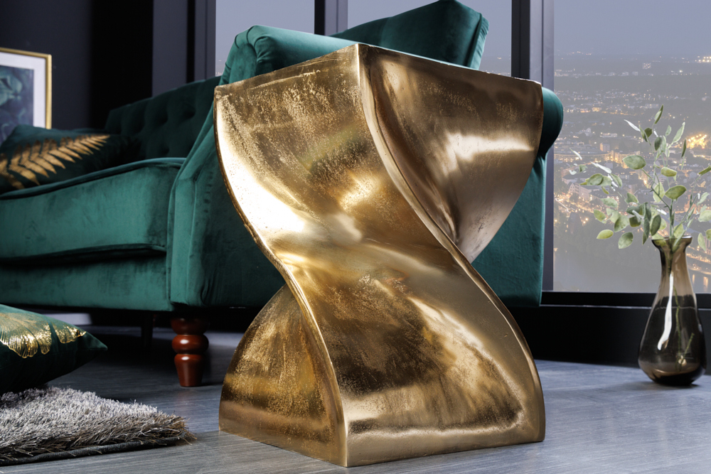 Skulp­tu­raler Beistelltisch TWIST 45cm gold Aluminium handmade Sitzhocker Nachttisch