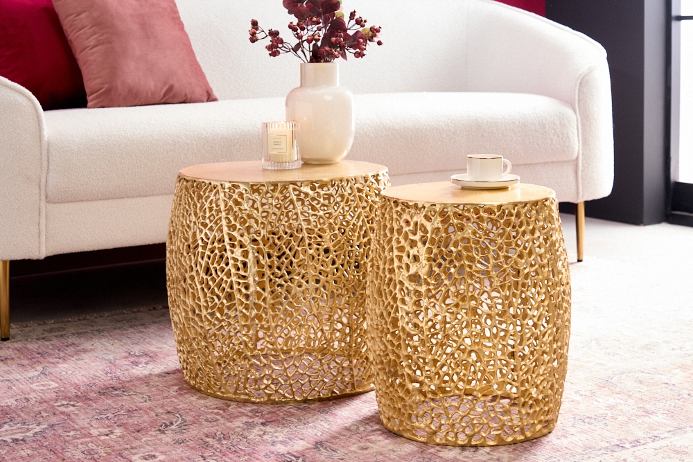 2er Set Filigraner Design Couchtisch ABSTRACT LEAF gold Handarbeit Metall rund