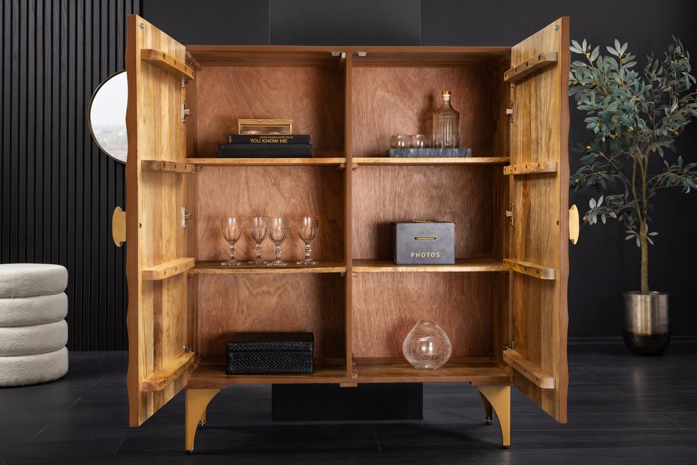 Massives Highboard GOLDEN SUNSET 120cm braun gold Mangoholz mit 3D Schnitzereien