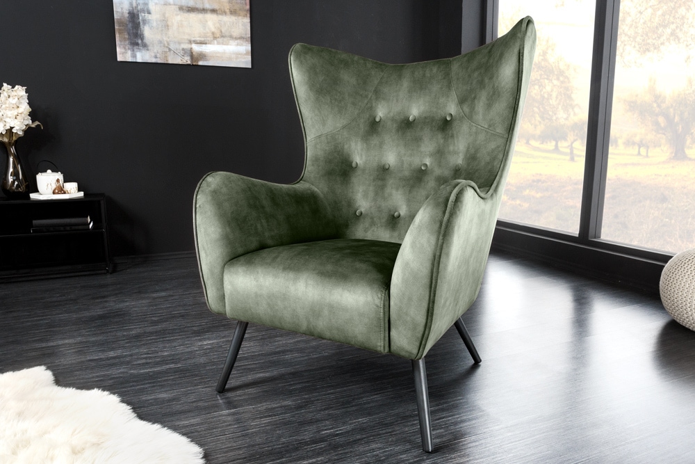 Design XL Sessel AMSTERDAM grün Samt schwarze Metallbeine Retro Stil