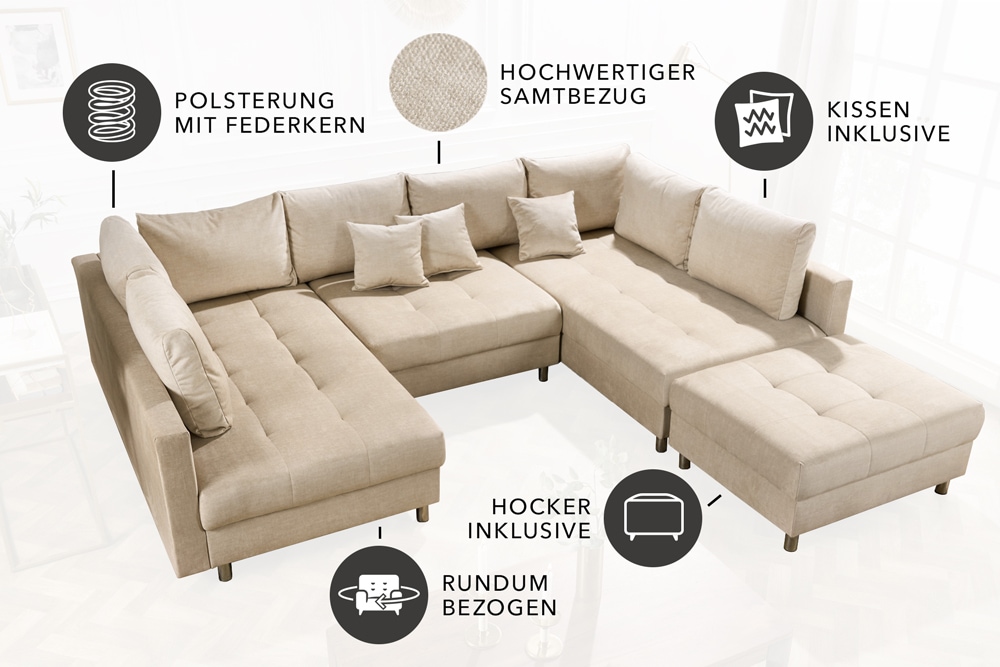 XXL Wohnlandschaft KENT 305cm champagner beige Vogue Velours Samt Federkern mit Hocker