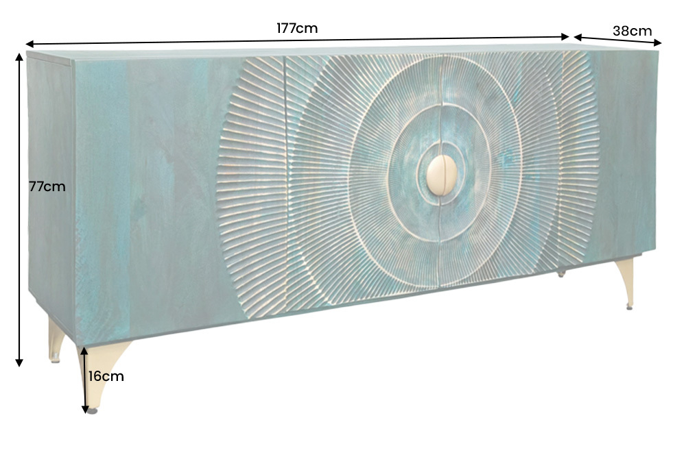 Handgearbeitetes Sideboard GOLDEN SUNSET 180cm türkis gold Mangoholz Metallbeine