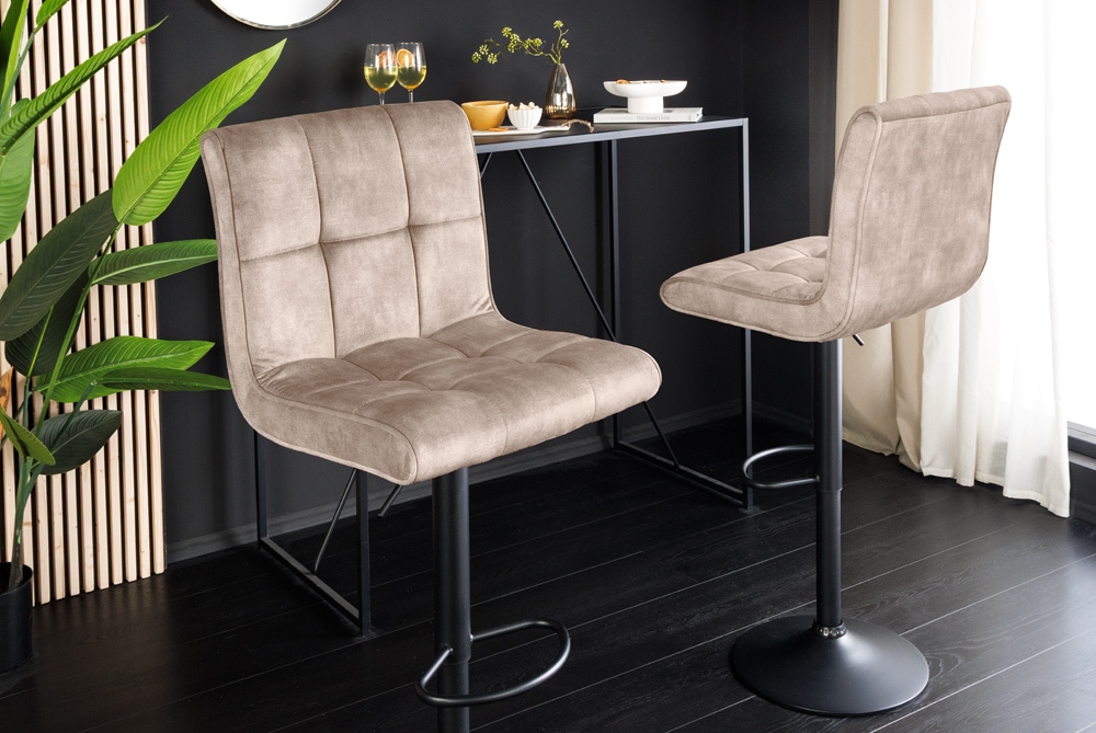 Höhenverstellbarer Barhocker MODENA champagner beige Samt Metall schwarz drehbar