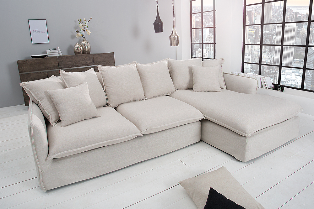 Großes Ecksofa HEAVEN 255cm natur beige Leinenstoff Federkern inkl. Kissen
