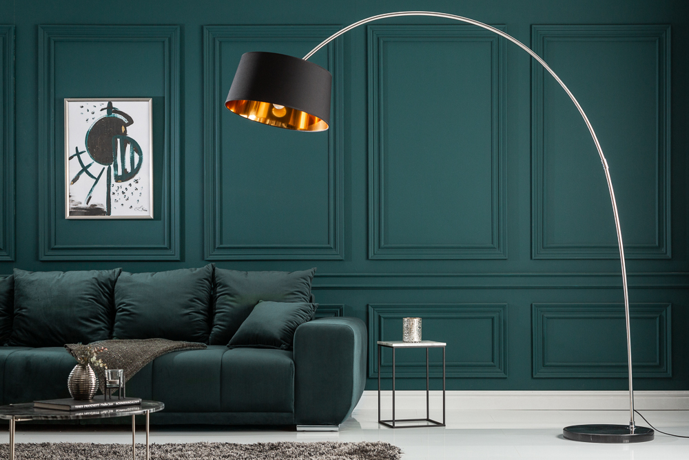 Design Bogenlampe FORMA 215cm schwarz gold Stehlampe mit Marmorfuß