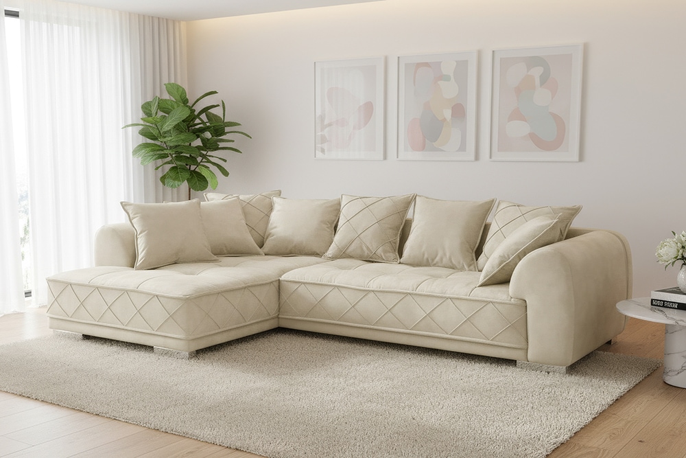 Modernes XXL Ecksofa DECADENCIA 320cm beige Samt Bigsofa inkl. Kissen