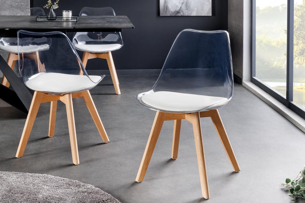 Design Stuhl SCANDINAVIA MEISTERSTÜCK transparent weiß Kunststoff Buchenholz natur