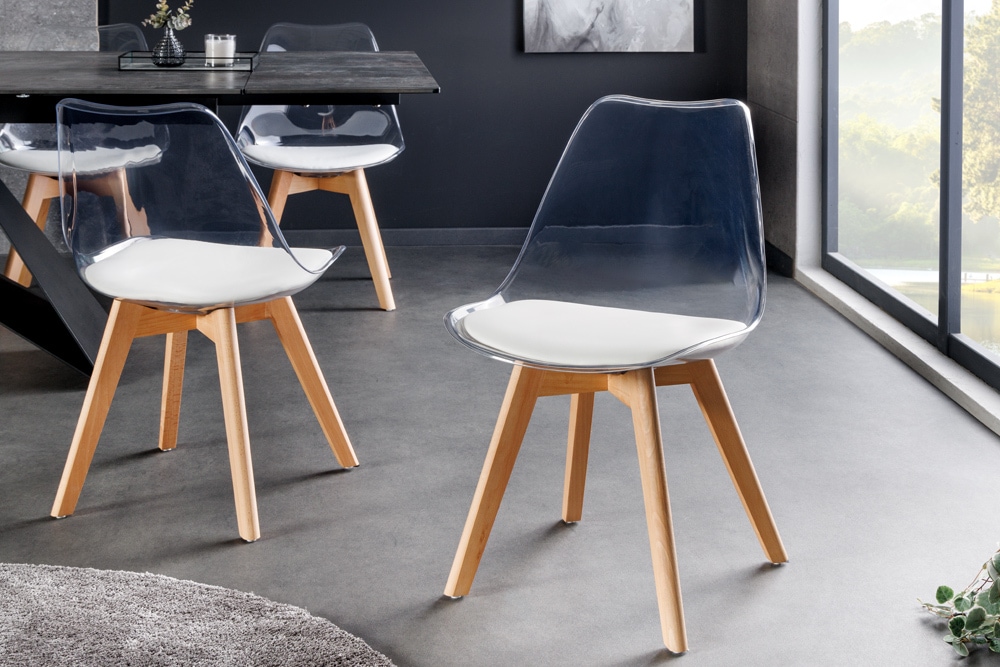 Design Stuhl SCANDINAVIA MEISTERSTÜCK transparent weiß Kunststoff Buchenholz natur » Jetzt kaufen