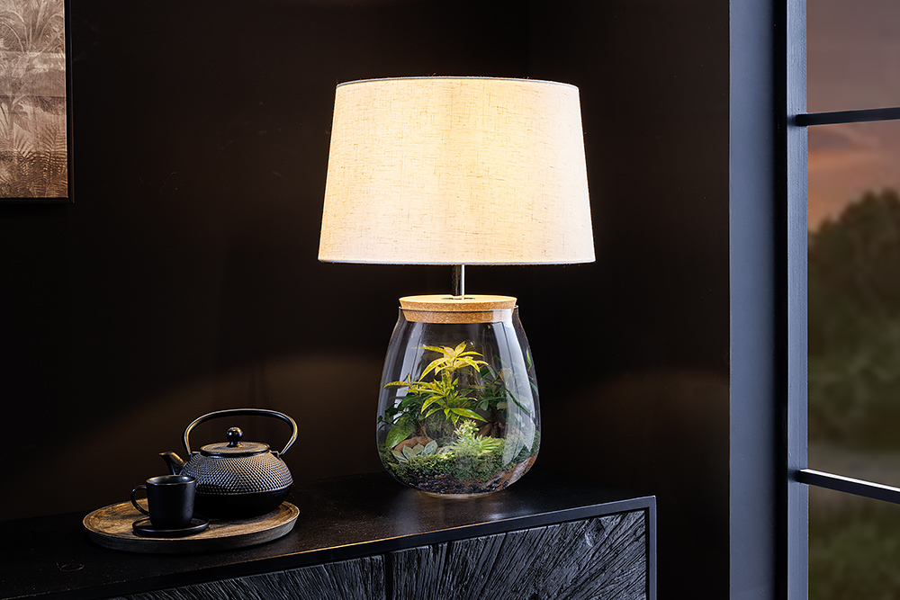 Befüllbare Tischlampe CLASSICO 60cm weiß transparent Glas mit Leinenschirm » Jetzt kaufen