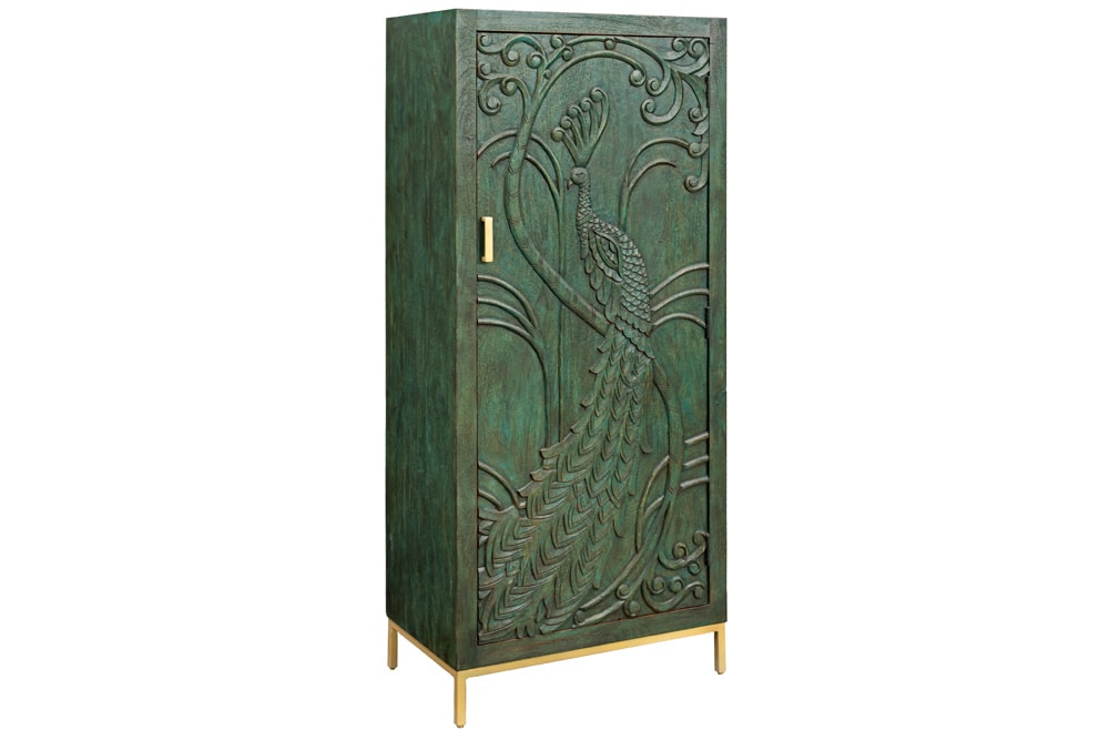 Massives Highboard PEACOCK 170cm grün Mangoholz antik 3D Schnitzerei Pfau-Design