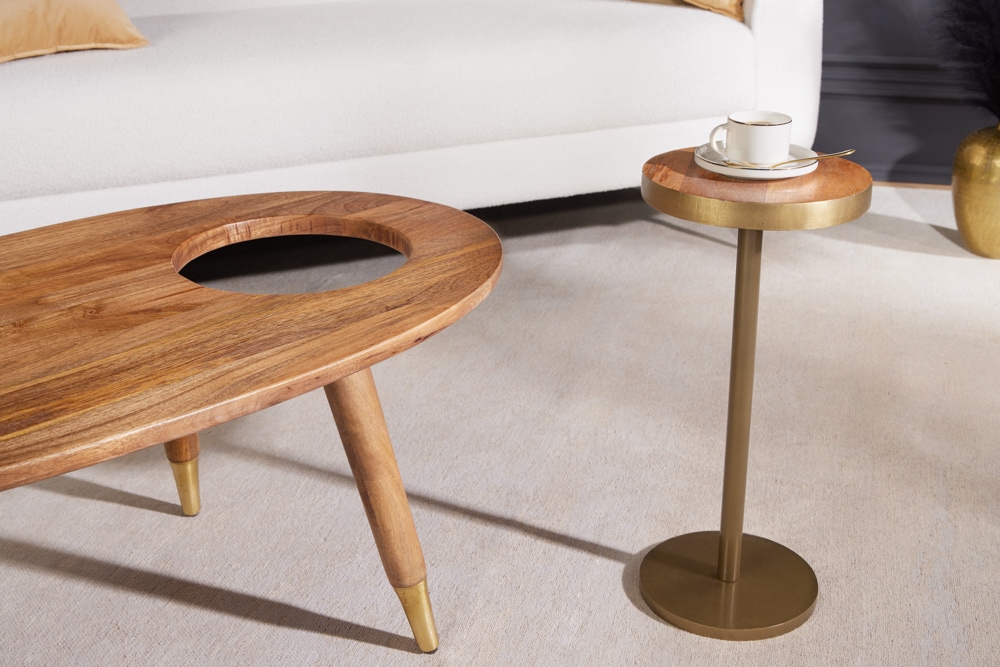 Massivholz Couchtisch GATSBY 110cm braun gold Mango oval rund Beistelltisch 2er Set Retro Design