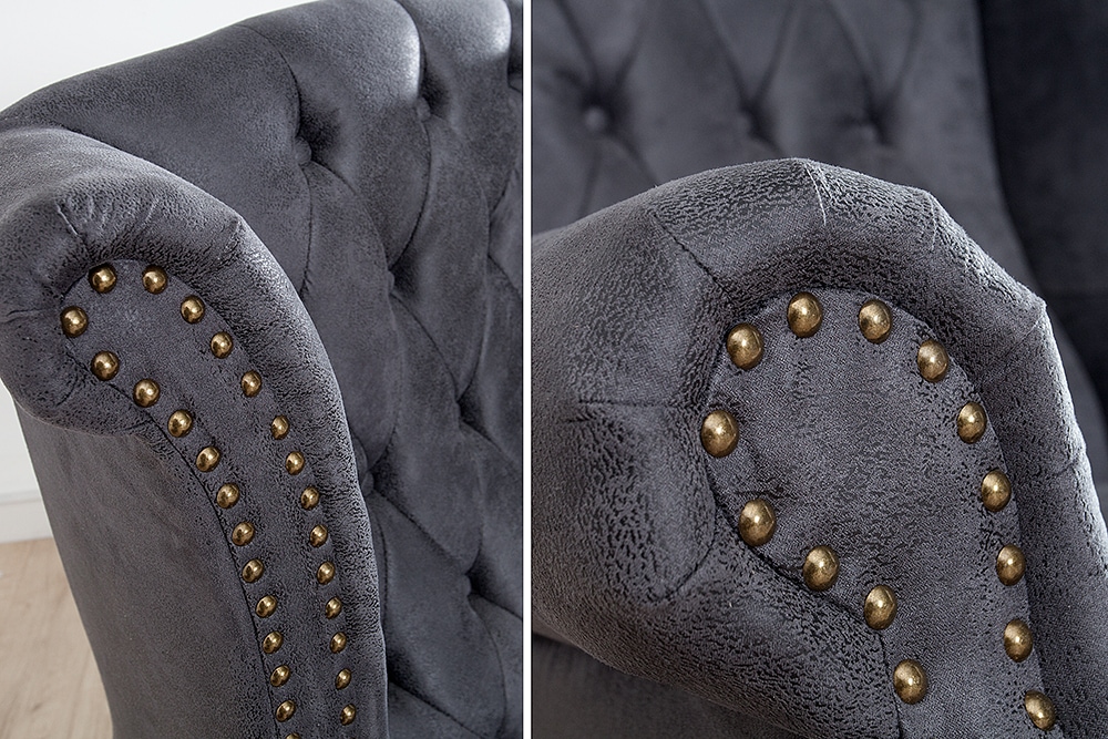 Chesterfield Ohrensessel antik grau Microfaser mit Knopfheftung