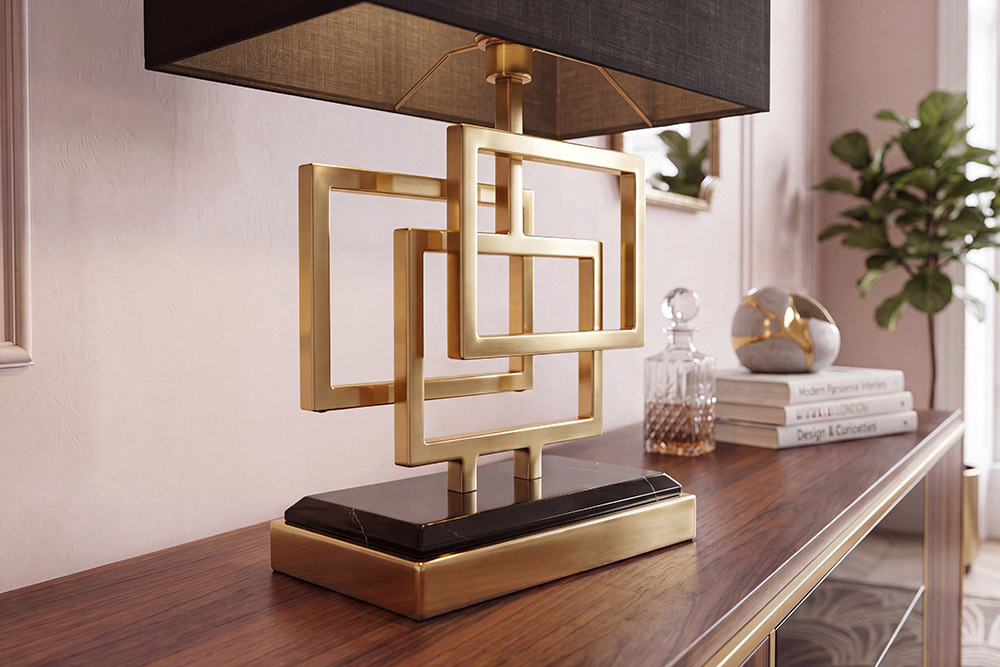 Moderne Tischleuchte ATLANTIS 56cm gold Stoffschirm schwarz Marmor Lampe